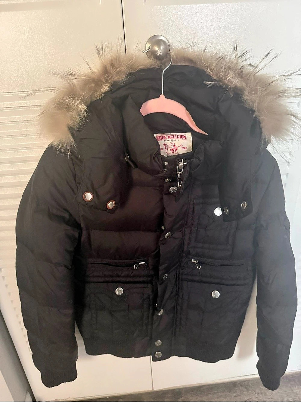 True Religion World Tour Section Down Jacket Puffer Jacket in Black Size XS